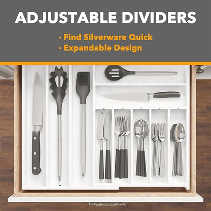 SpaceAid 2.5" High Bamboo Silverware Drawer Organizer with Labels, Kitchen Utensil Expandable Tray Holder for Flatware, Cutlery, Spoon and Knives Drawer Storage Organization (White)