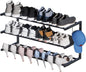 Wall Mounted Shoe Rack, 3 Tier Hanging Shoe Rack Holds 12 Pairs, 17"-30" Adjustable Heavy Duty Metal Shoe Organizer Holder with 2 Storage Hooks, Space Saving for Closet Entryway Doorway（Black