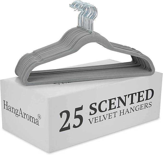 Non-Slip Scented Velvet Hangers - Heavy Duty Clothes Hanger - Ultra Thin Space Saving 360 Degree Swivel Hook - Ideal for Coats, Jackets, Pants, & Dress - French Lavender - 25 Pack