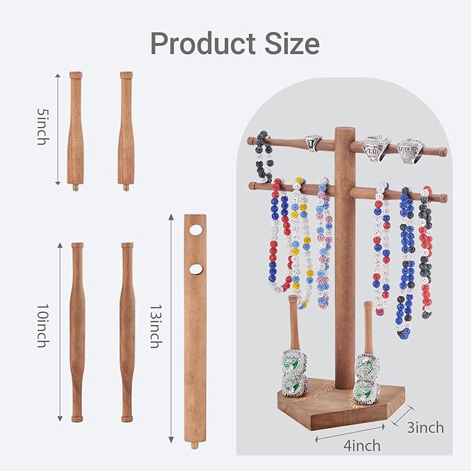 NEW Wooden Baseball & Softball Championship Ring Holder with Drip Necklace Display – Sports Organizer Baseball Gifts for Jewelry & Awards(NO TEXT)