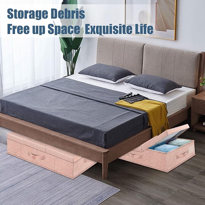 Supowin Underbed Storage Containers Bin with Lids, Large Under Bed Storage Organizer Box with Handle, Foldable Under the Storage Bags for Organizing Clothes, Shoes, Blankets, Pillows