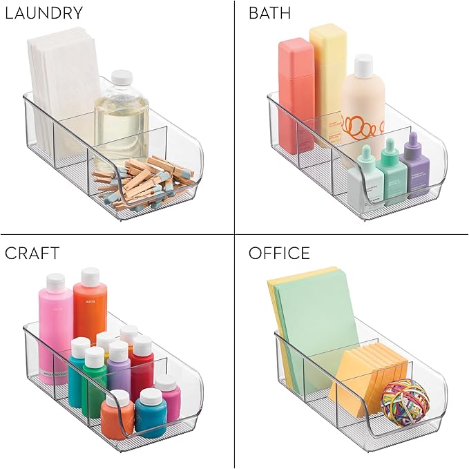 iDesign Stackable 3-Section Divided Storage Bin for Pantry, Fridge, or Cabinet - Set of 4 - Clear