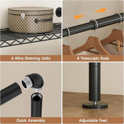 Wall-Mounted 3-Section Closet System, Expandable Industrial Pipe Clothing Rack with 4 Telescopic Rods & 6 Mesh Shelves, Heavy Duty Garment Organizer for Walk-In Closets & Bedrooms, Black