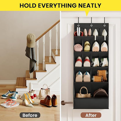 18 Pairs Over the Door Shoe Organizer, Shoe Rack for Closet Door with Large Breathable Pockets, Hanging Shoes Rack for Boots, Behind the Door Organizer Shoe Holder for Categorized Storage, Black