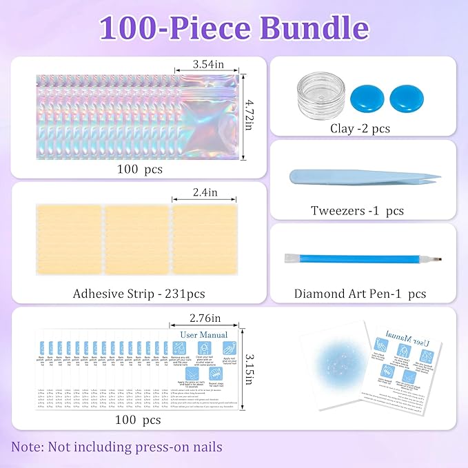 100PCS Press on Nail Packaging Bag, 100PCS Display Card with 231 Pcs Pre-cut Adhesive Tape & Diamond Art Pens & Glue Clay & Tweezers, 6-in-1 Set for Nail Display (Laser)