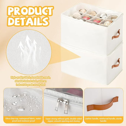 VZZNN 4 Pack Shoe Organizer for Closet - with Transparent Cover and Sturdy Handles shoe storage - Foldable Shoe Storage Containers Fits to 36-48 Pairs 4 Pack (Beige)
