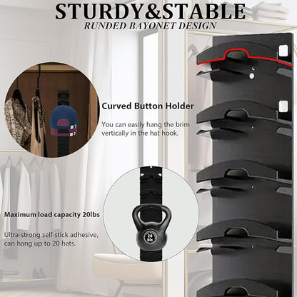 G GENLEAS 2 Pack 10 Hat Organizer for Baseball Caps, Hat Rack for Wall with Strong Adhesive, Cap Organizer for Door, Bedroom, Closet (Black)