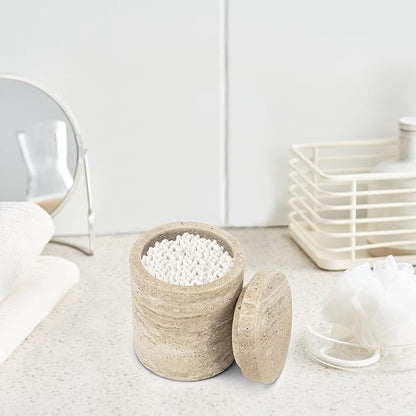 Natural Marble Canister, Cotton Swab Holder with Lid, Marble Toothbrush Holder Qtip Holder Storage for Cotton Swab, Floss Picks, Makeup Pad, Bath Salt, Beige White Travertine(NS019)