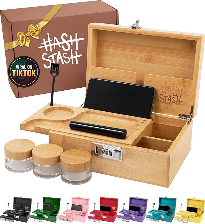 The OG Storage Box - Large Bamboo Box with Combination Lock, Magnetic Lid, Organizer Tray, Airtight Tube and 3 Smell-Proof Jars - Discreet Decorative Locking Wooden Box with Accessories (Wood/Silver)