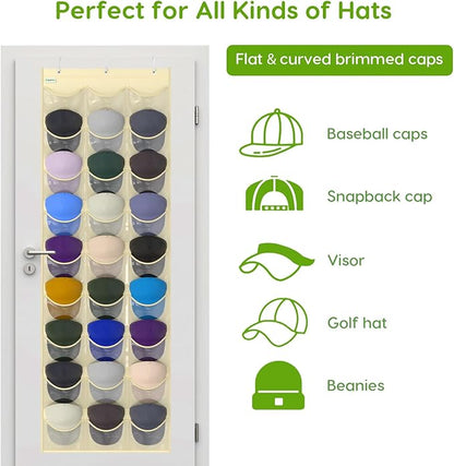 Baseball Hat Rack, 27 Pocket Over-The-Door Hat Organizer with Clear Deep Pockets to Display Baseball Caps Collection, Complete with 3 Over Door Hooks (Beige, 27 Pockets)