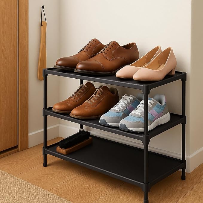 3-Tier Metal Shoe Rack Storage Organizer Set – Includes Wooden Shoe Horn & Brush – Free-Standing Shoe Shelf for Entryway & Closet
