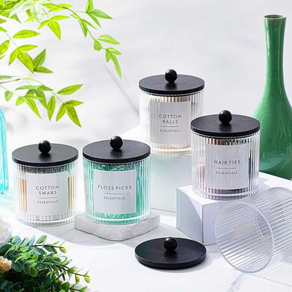 Yaomiao 4 Pcs Plastic Holder Dispenser Bathroom Jars with Black Bamboo Lids and Label Stickers, 18 oz Apothecary Canister with Fluted Design for Cotton Ball, Swab, Floss Picks House Storage