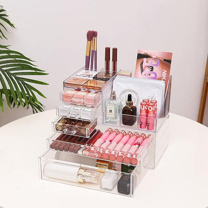 Cq acrylic 2 Pack Clear Make Up Organizers for Vanity,Stackable 5 Drawers Make Up Organizer,Cute Desk Organizer for Vanity Jewelry,Hair Clip,Beauty,Skincare Product Dresser Acrylic Drawer Organizer