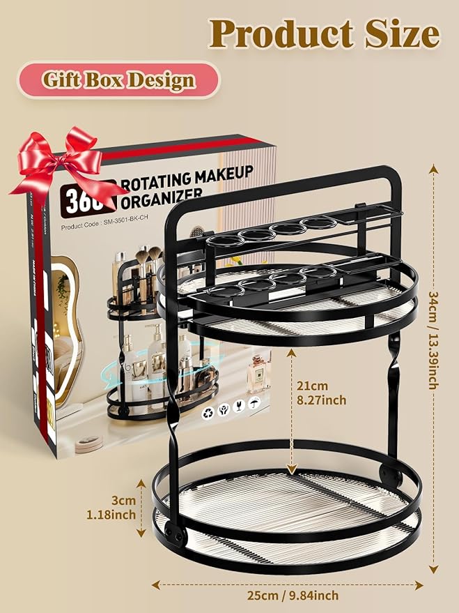 Rotating Makeup Vanity Organizer, 360 Spinning Perfume Organizer for Dresser, 2 Tier Bathroom Countertop Organizer, Black Lazy Susan Skincare Storage, Cosmetic Display Case with Brush Holder