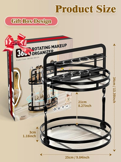 Rotating Makeup Vanity Organizer, 360 Spinning Perfume Organizer for Dresser, 2 Tier Bathroom Countertop Organizer, Black Lazy Susan Skincare Storage, Cosmetic Display Case with Brush Holder
