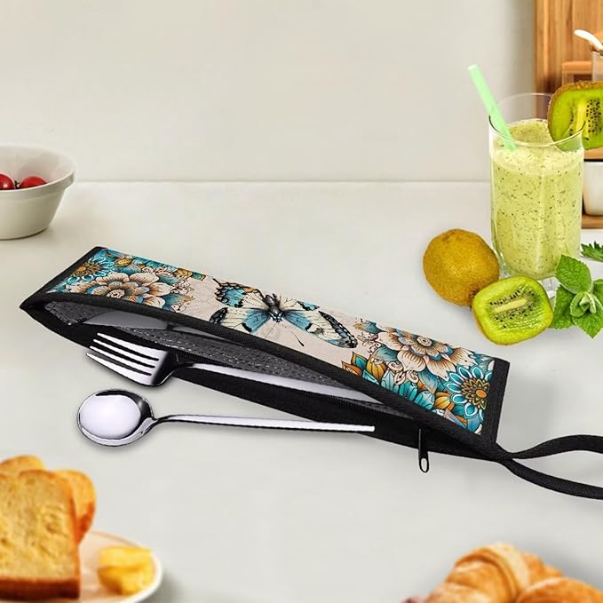 Portable Tableware Carrier Pouch Cutlery Bag Silverware Organizer Accessories for Travel Camp Party,Boho Mandala Floral Butterfly