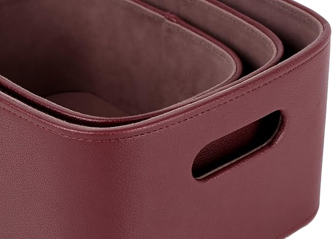HofferRuffer Faux Leather Storage Baskets Bins with Velvet Lining for Organizing, Storage, Gifts, Set of 3 Nesting Shelf Baskets Decorative Storage Boxes for Home Organization (Dark Red)