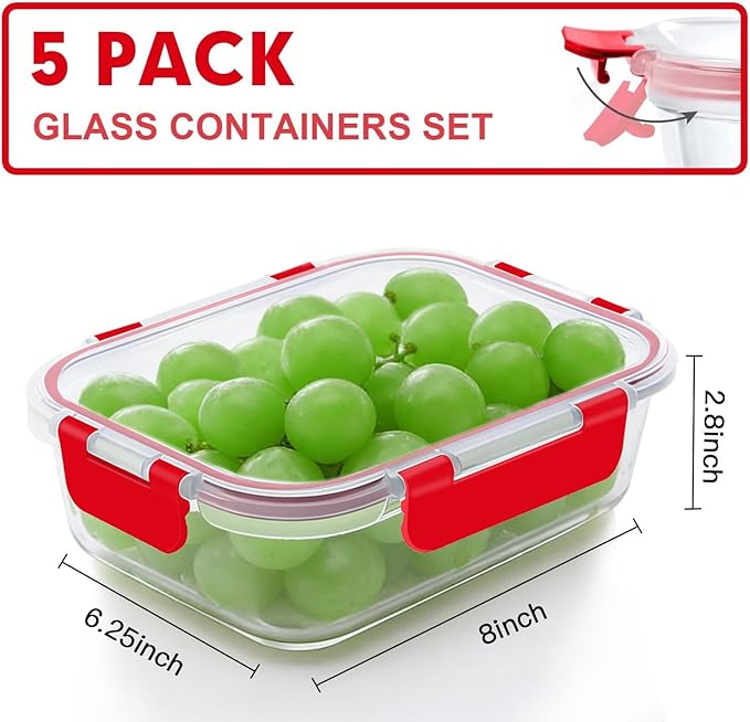 VERONES 5 Pack 36 OZ Glass Meal Prep Containers, Airtight Glass Lunch Containers Set, Glass Food Storage Containers with Lids,Exclusive of BPA, for Microwave, Oven, Freezer & Dishwasher Friendly,Red
