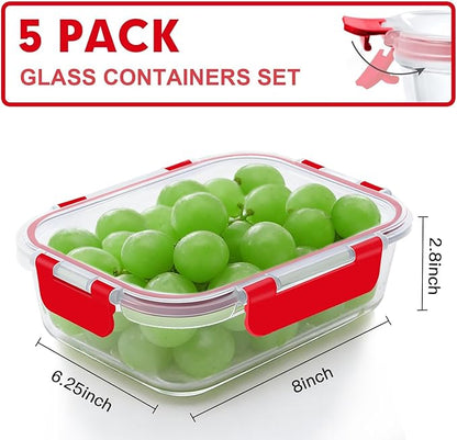 VERONES 5 Pack 36 OZ Glass Meal Prep Containers, Airtight Glass Lunch Containers Set, Glass Food Storage Containers with Lids,Exclusive of BPA, for Microwave, Oven, Freezer & Dishwasher Friendly,Red
