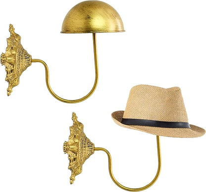 Owlgift Rustic Gold Wall Mounted Hat Holder Set of 2 – Vintage Style Iron Cap Rack with Dome Top for Hats, Helmets, Wigs & Scarves – Decorative Wall Hook for Entryway, Home, Cafe, or Boutique