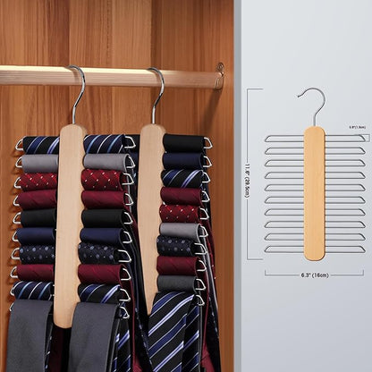 Tie Hanger 2 Pack,Tie Organizer for Closet 20 Storage Capacity,Wooden Necktie Organizer Tie Storage,360 Degree Rotating Accessory Organizers for Tie,Belt,Scarf