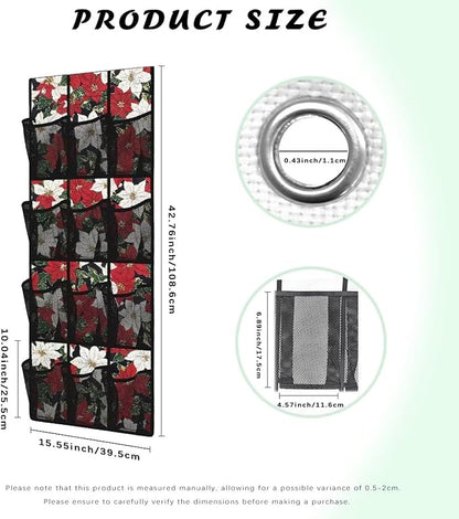 Poinsettia Flower Behind Door Organizer for Dorm Room Essentials,Xmas Decor Over The Door Hanging Organizer for Living Room,Large Capacity and 12 Pockets Wall Hanging Storage
