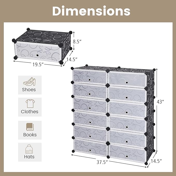 COSTWAY Shoe Rack Organizer, 6 Tier Shoe Shelves with Covers, DIY Design, 24-Pair Stackable Cube Organizer Boxes, Freestanding Shoe Cabinet for Entryway Bedroom Closet Hallway (Black)