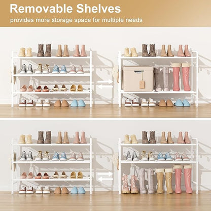 VILICK 3 Tier Shoe Rack 33" Wide Metal Shoe Organizer Long Shoe Storage with 4 Side Hooks Sturdy Shoes Shelf for Front Door Entrance, Closet, Garage, Dorm, White