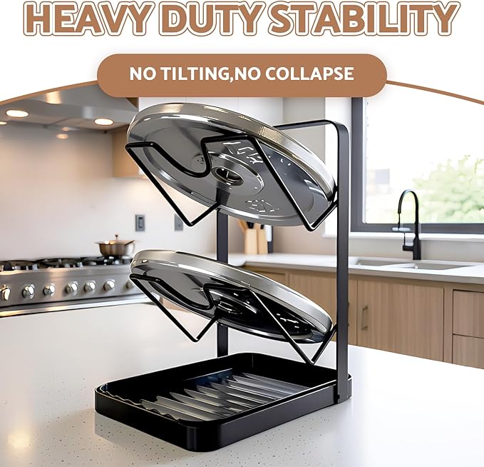 Kitchen Pot Lid Storage Rack, Double-Layer Pot Lid Organizer with Removable Drip Tray,Pot Lid Holder While Cooking,Lid And Spoon Rest, Multifunctional Kitchen Organizer Stand for Stove Top