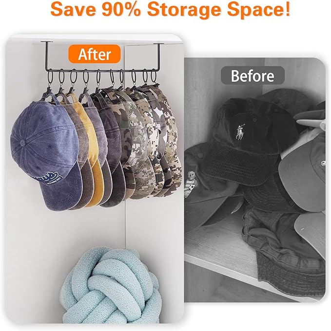 Hat Rack Wall Cap Organizer - Baseball Hat Racks Display Holder with 40 Hooks - Modern Metal Black Hats Storage Wall Mounted Caps Hanger Set of 4 for Closet Door Bedroom Entryway Laundry(Black)