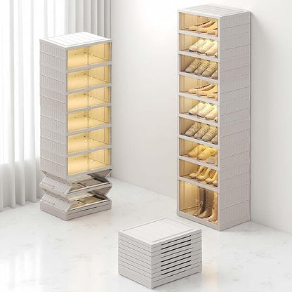 Foldable Shoe Rack Organizer for Closet 9 Tier-18 Pairs Stackable Shoe Storage Cabinet, Collapsible Sneaker Shelf with Doors, Shoe Organizer with Lids Large for Living Room, Entryway