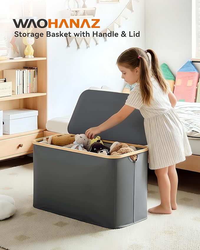 Storage Basket with Lid and Handles, 135L Fabric Bin with Divider for Shelf, Closet, Toy Organization, Collapsible Storage Organizer for Home, Grey