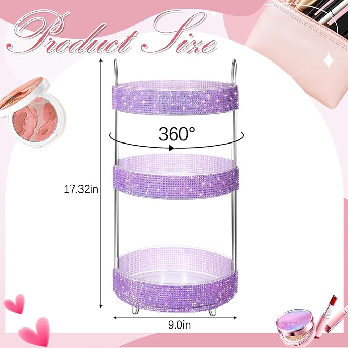 Honeydak 360 Rotating Perfume Organizer for Mother Day Nurse Day Rhinestone Bathroom Counter Organizer Makeup Holder Skincare and Perfume Storage for Cosmetic Countertop(3 Tiers,Resin Stone,Purple)