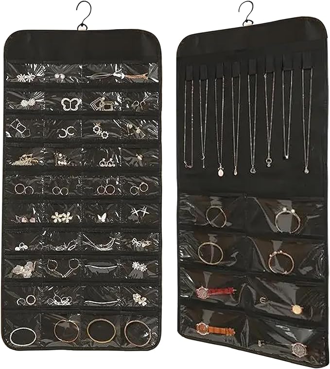 ONEPEACE Hanging Jewelry Organizer: Necklace & Earring Holder with Pockets for Closet, Wall or Door (Black)