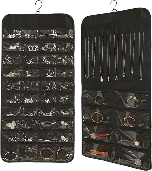 ONEPEACE Hanging Jewelry Organizer: Necklace & Earring Holder with Pockets for Closet, Wall or Door (Black)
