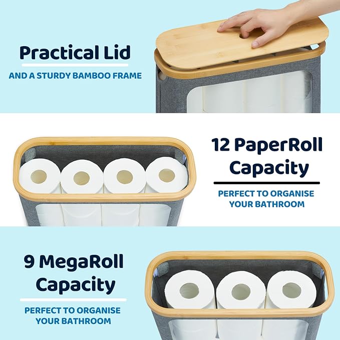 Toilet Paper Basket, Toilet Paper Storage with Lid for 12 Rolls, Bathroom Storage Organizer with Bamboo Lid, Grey