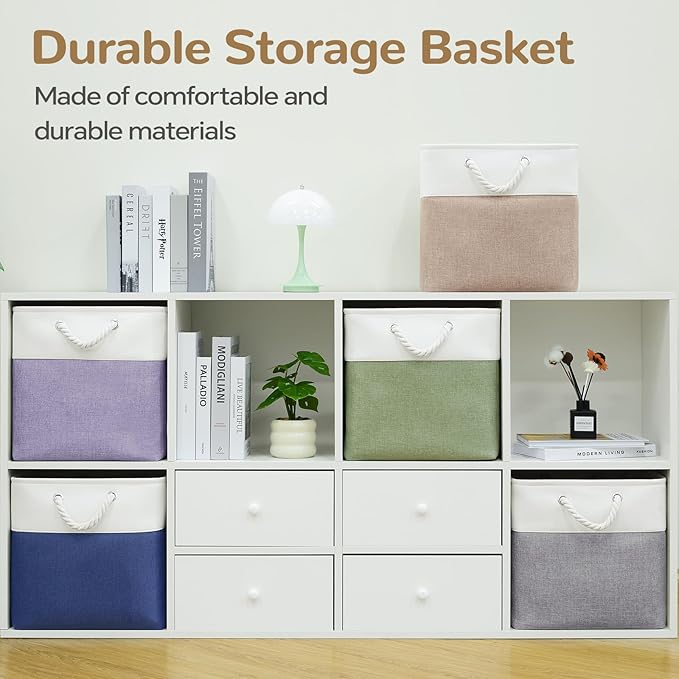 13 x 13 Inch Cube Storage Bins, 6 Pack Fabric Storage Basket with Handles, Foldable Boxes Organizer for Shelf Baskets for Home, Clothes (White/Grey)