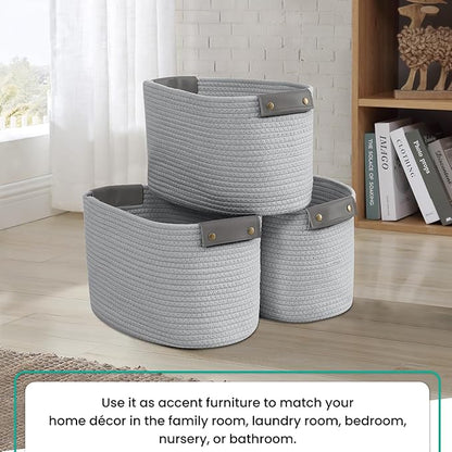 3 Pack Cotton Rope Storage Basket Woven Shelf Storage Bin with Faux Leather Handles, Decorative Closet Shelf Woven Basket for Storage Organizers, 15 x 10 x 9, Gray