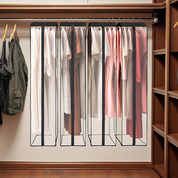 Univivi Garment Bags Garment Covers for Hanging Clothes, 10" Gusseted Clear Suit Bags for Clothes Storage, Garment Bag for Closet Storage, 50", 4-Pack