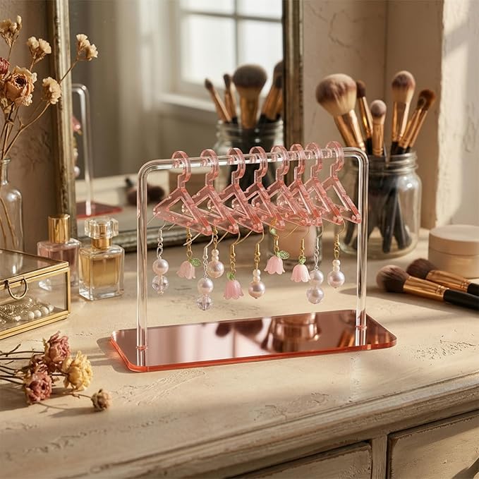 Acrylic Earring Holder, 6 × 4.6 Inch Coat Hanger Stud Earring Organizer Small Fun Jewelry Display for Home Earrings Storage Retail Show Marketing (Pink)