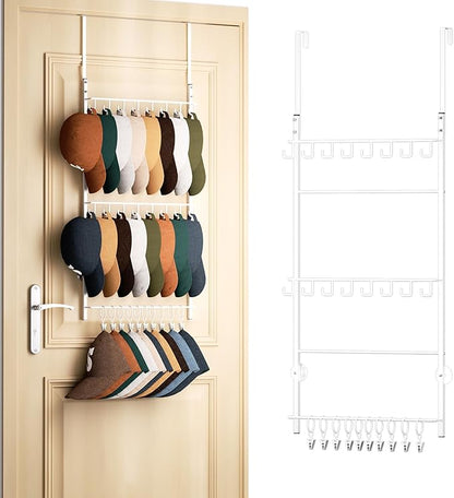 HapiRm Over Door Hat Rack - 3 Tier Wall Mounted Hat Organizer with 16 Hooks and 10 Movable Clips, Baseball Cap Organizer Storage Holds up to 26 Caps for Door, Bedroom, Closet USPTO Patent Pending