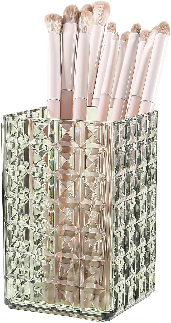 DASITON Makeup Brush Holder Organizer, Acrylic Makeup Brush Cup, Diamond Striped Make Up Brush Holder for Vanity, Bathroom Countertop, Toothbrush Holders, Pen Holder for Desk Storage (Green)