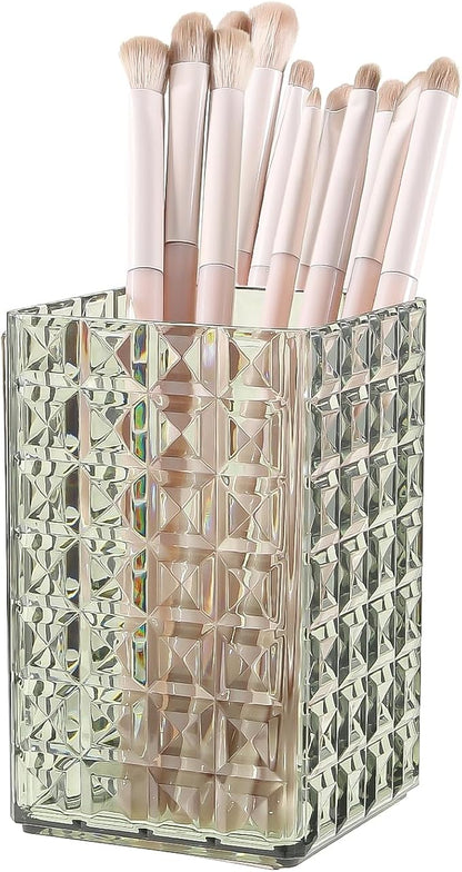 DASITON Makeup Brush Holder Organizer, Acrylic Makeup Brush Cup, Diamond Striped Make Up Brush Holder for Vanity, Bathroom Countertop, Toothbrush Holders, Pen Holder for Desk Storage (Green)