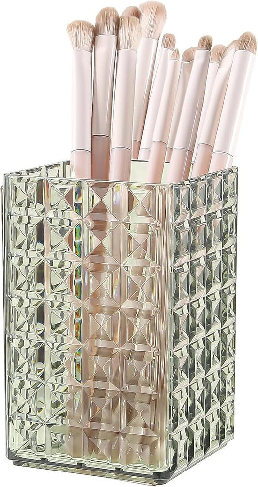 DASITON Makeup Brush Holder Organizer, Acrylic Makeup Brush Cup, Diamond Striped Make Up Brush Holder for Vanity, Bathroom Countertop, Toothbrush Holders, Pen Holder for Desk Storage (Green)