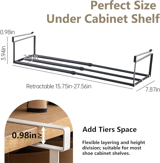 UFORU Expandable Hanging Shoe Rack Organizer for Closet, Adjustable Shoe Rack Under Cabinet Shelf, Versatile Under Shelf Storage for Kitchen, Book, Clothing Storage and Organization(Black,4PCS)