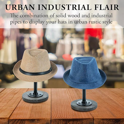 MyGift 4 Pcs Tabletop Hat Rack Stand, Freestanding Cowboy Hat Holder Organizer, Baseball Cap Storage, Wig Helmet Display, Vintage Weathered Gray Wood and Industrial Matte Black Metal Pipe