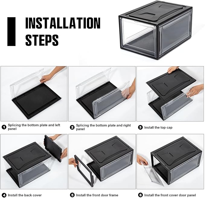 12 Pack Shoe Boxes, Clear Acrylic Plastic Shoe Boxes Stackable, Space-Saving Foldable Drop Front Shoe Storage Boxes Container for With Lids Fits Up to Size 15 (Dark Black)