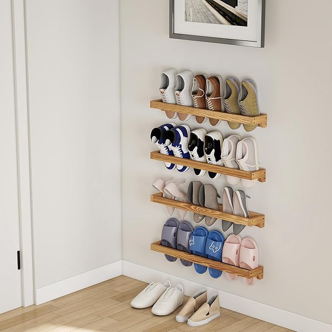 Nisorpa 30 Inch Rustic Burnt Wood Hanging Shoe Rack, Wall Mounted Shoe Rack Storage Organizer Space Saving Footwear Holder for Closet, Mudroom, Entryway, Holds 12 Pairs, Set of 4
