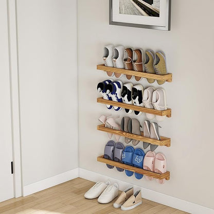 Nisorpa 30 Inch Rustic Burnt Wood Hanging Shoe Rack, Wall Mounted Shoe Rack Storage Organizer Space Saving Footwear Holder for Closet, Mudroom, Entryway, Holds 12 Pairs, Set of 4