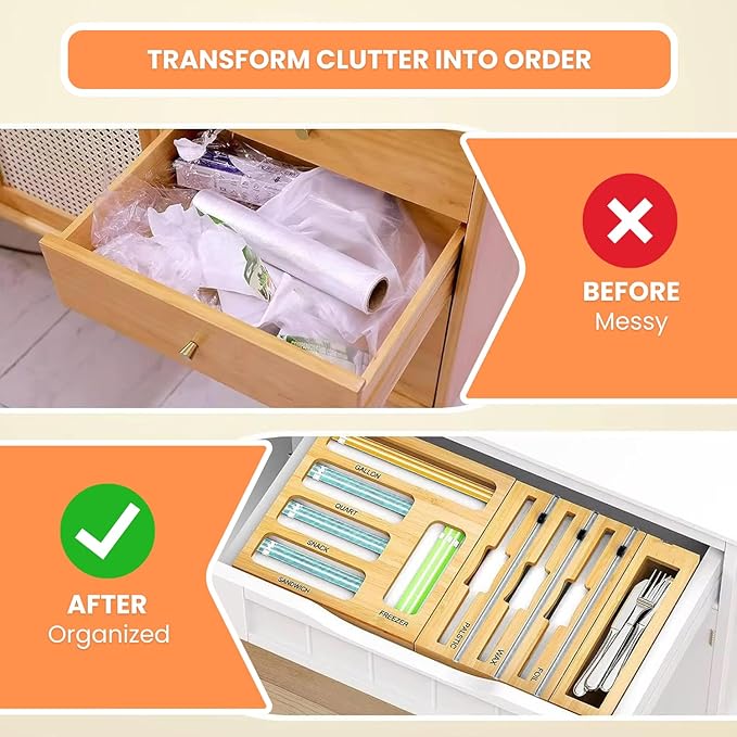 Storage Bag Organizer for Kitchen Drawer, Foil and Plastic Wrap with Cutter, Organizers Compatible Gallon, Quart, Sandwich Snack Size 9 in 1